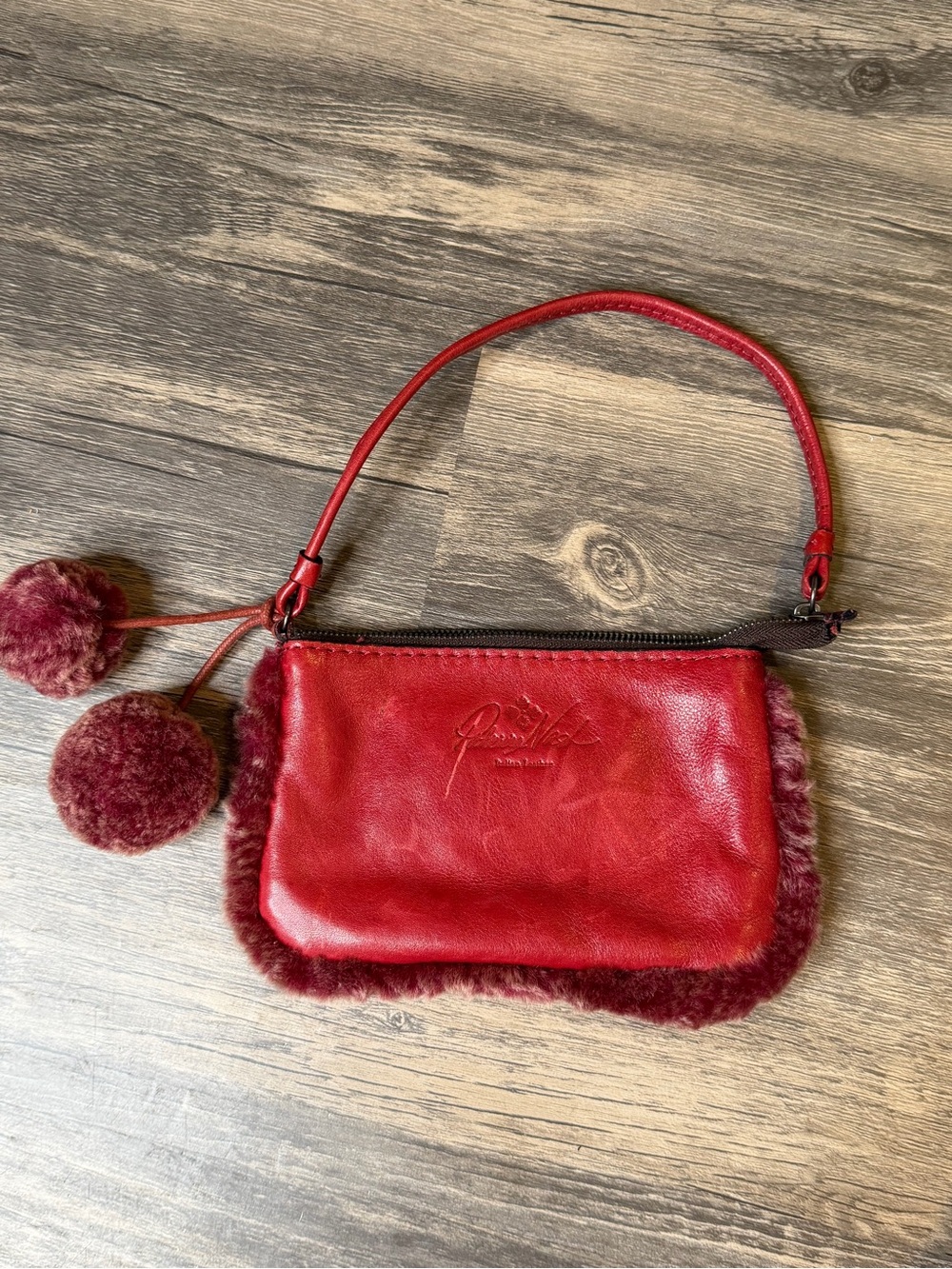 Patricia Nash Red Leather Faux Fur Pom Pom Wristlet Clutch Handbag Purse